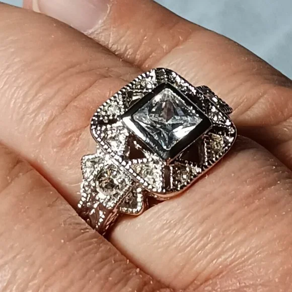 Vintage Retro Art Deco Silver Filigree and CZ Ring Size 10 - Picture 5 of 15